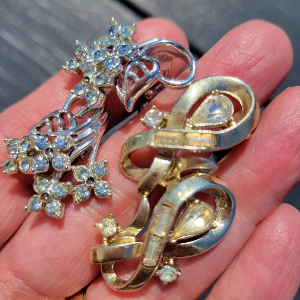 Vintage Earrings ~ Clip-On ~ Rhinestone ~ Silver & Gold-tone ~ MCM ~ As-Is!
